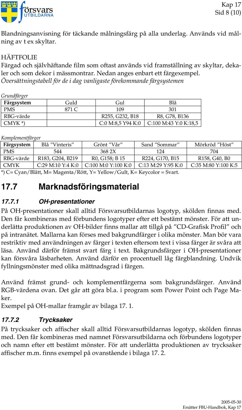 Översättningstabell för de i dag vanligaste förekommande färgsystemen Grundfärger Färgsystem Guld Gul Blå PMS 871 C 109 301 RBG-värde R255, G232, B18 R8, G78, B136 CMYK *) C:0 M:8,5 Y94 K:0 C:100