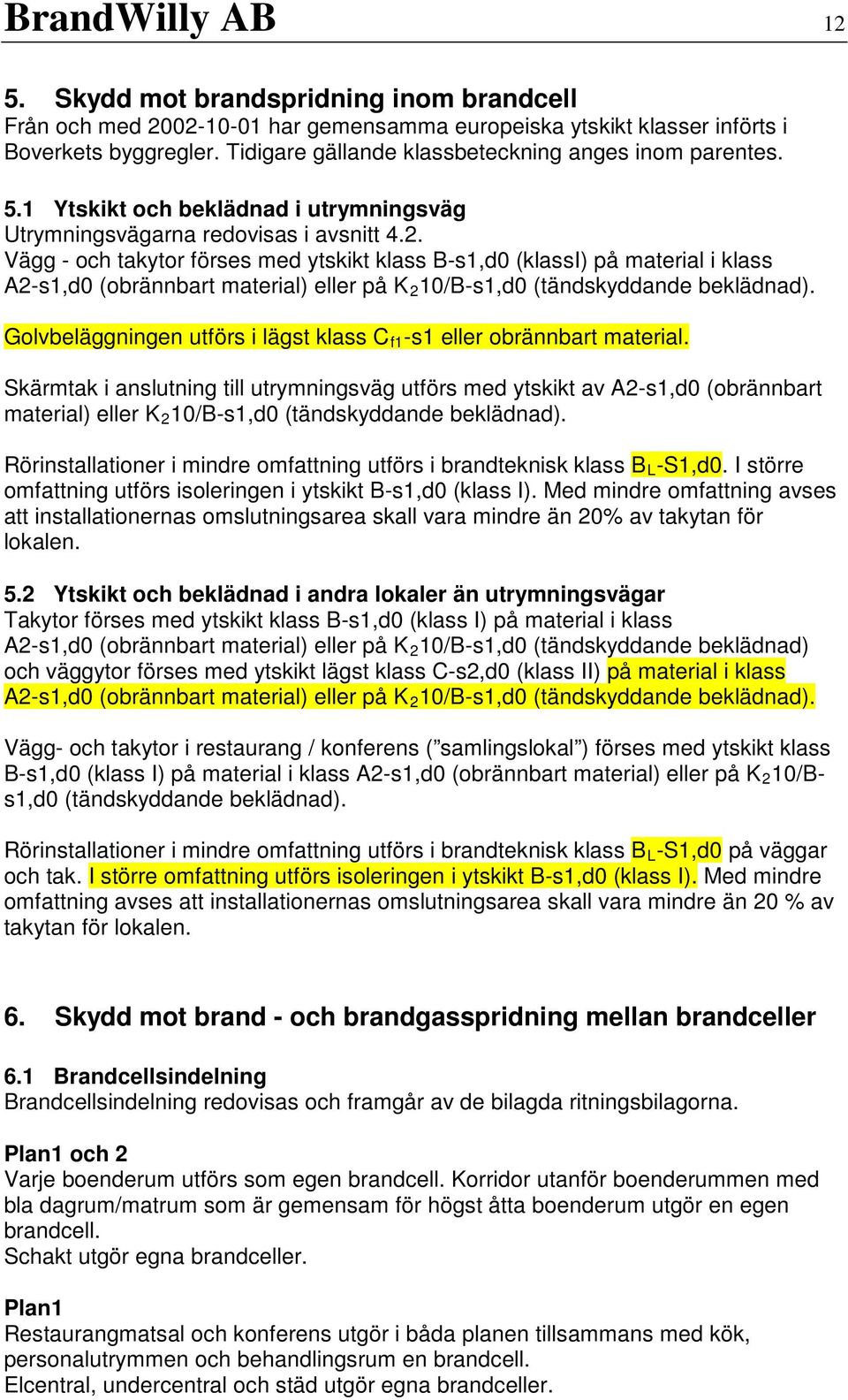 Vägg - och takytor förses med ytskikt klass B-s1,d0 (klassi) på material i klass A2-s1,d0 (obrännbart material) eller på K 2 10/B-s1,d0 (tändskyddande beklädnad).