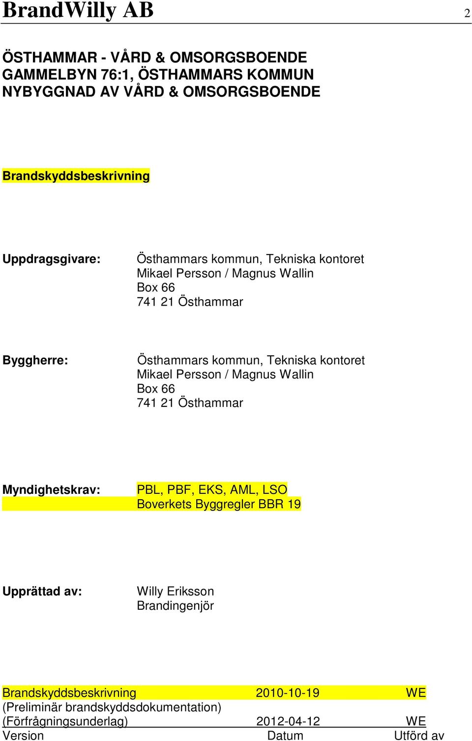 kontoret Mikael Persson / Magnus Wallin Box 66 741 21 Östhammar Myndighetskrav: PBL, PBF, EKS, AML, LSO Boverkets Byggregler BBR 19 Upprättad av: