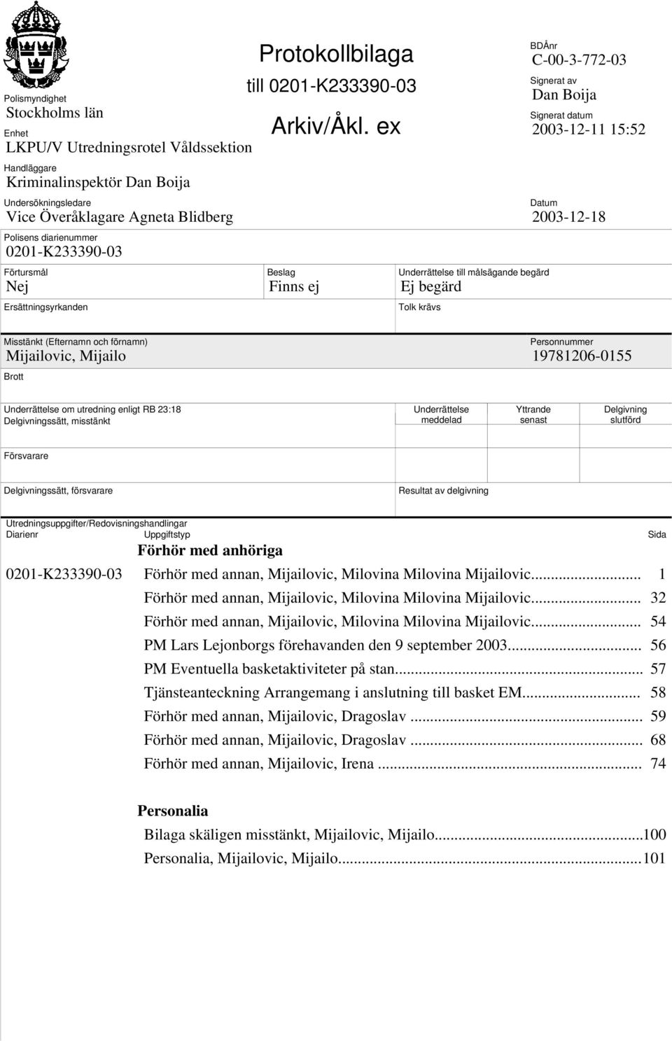 ex Beslag Finns ej Underrättelse till målsägande begärd Ej begärd Tolk krävs BDÅnr C-00-3-772-03 Signerat av Dan Boija Signerat datum 2003-12-11 15:52 Datum 2003-12-18 Misstänkt (Efternamn och