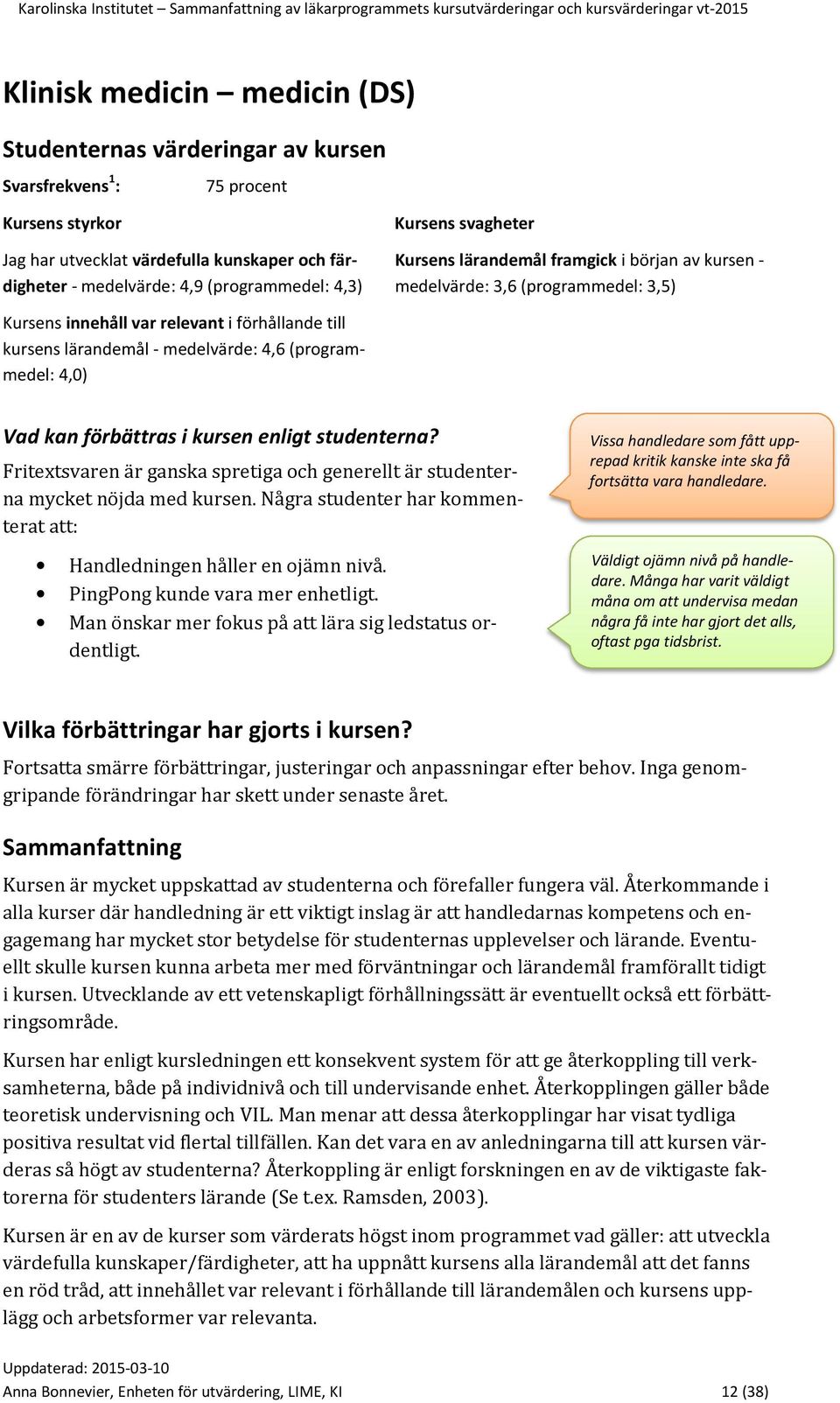 (programmedel: 4,0) Vad kan förbättras i kursen enligt studenterna? Fritextsvaren är ganska spretiga och generellt är studenterna mycket nöjda med kursen.