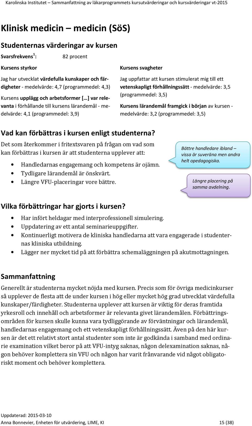 vetenskapligt förhållningssätt - medelvärde: 3,5 (programmedel: 3,5) Kursens lärandemål framgick i början av kursen - medelvärde: 3,2 (programmedel: 3,5) Vad kan förbättras i kursen enligt