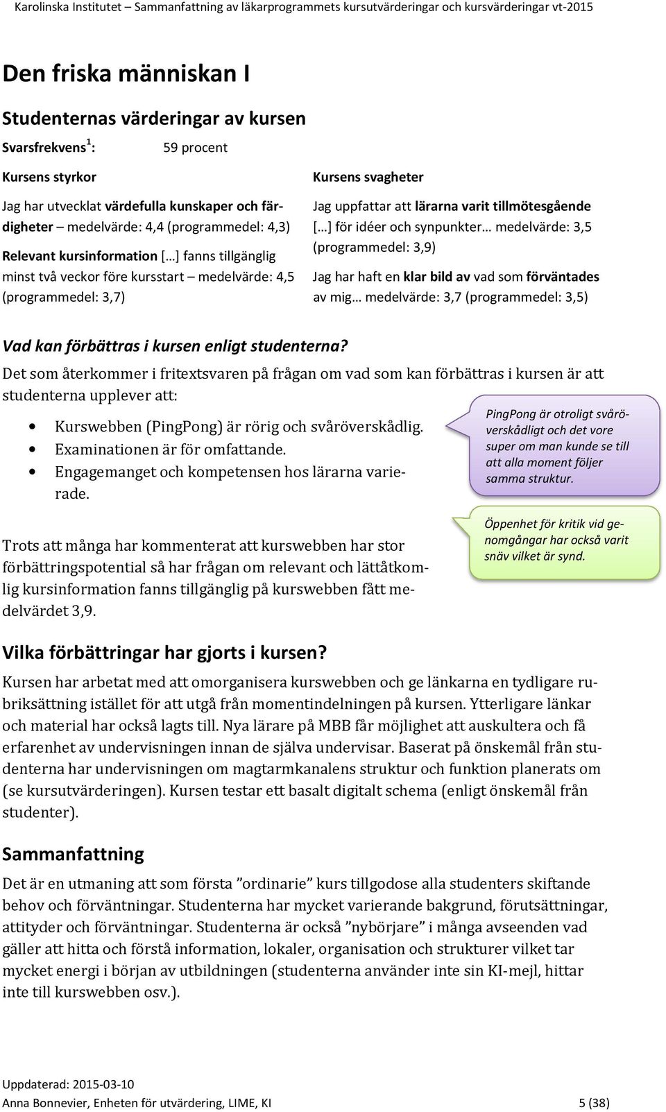 synpunkter medelvärde: 3,5 (programmedel: 3,9) Jag har haft en klar bild av vad som förväntades av mig medelvärde: 3,7 (programmedel: 3,5) Vad kan förbättras i kursen enligt studenterna?