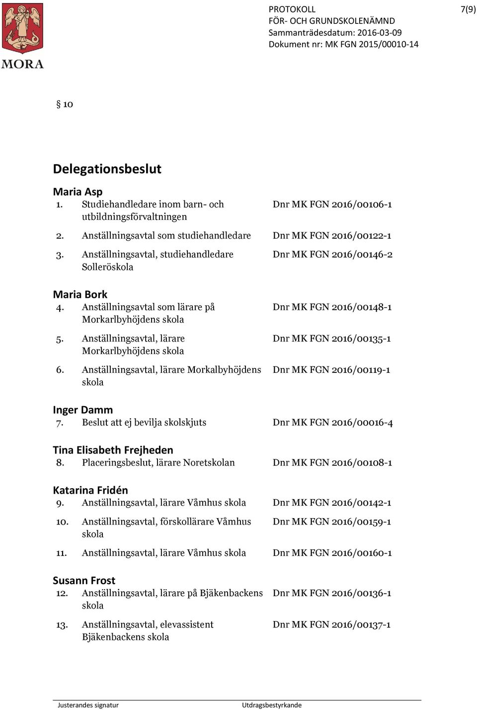 Anställningsavtal, lärare Morkalbyhöjdens Dnr MK FGN 2016/00146-2 Dnr MK FGN 2016/00148-1 Dnr MK FGN 2016/00135-1 Dnr MK FGN 2016/00119-1 Inger Damm 7.