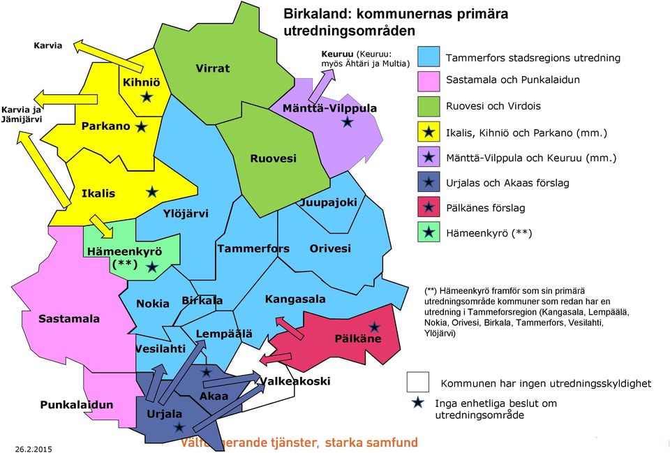 ) Ikalis Ylöjärvi Juupajoki Urjalas och Akaas förslag Pälkänes förslag Hämeenkyrö (**) Hämeenkyrö (**) Tammerfors Orivesi Sastamala Nokia Birkala Lempäälä Vesilahti Kangasala Pälkäne (**) Hämeenkyrö