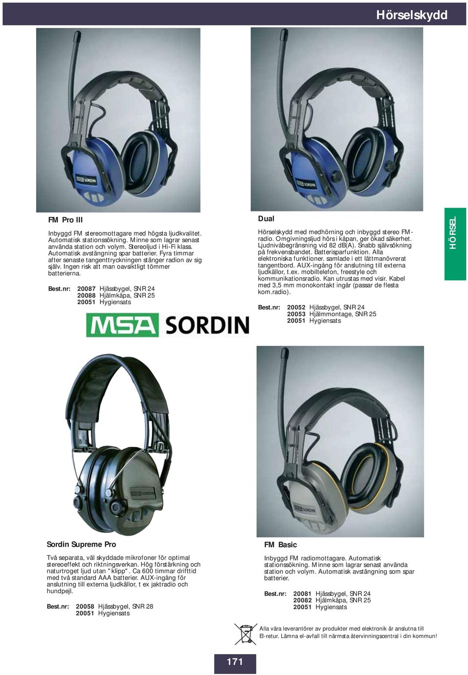 20087 Hjässbygel, SNR 24 20088 Hjälmkåpa, SNR 25 Dual Hörselskydd med medhörning och inbyggd stereo FMradio. Omgivningsljud hörs i kåpan, ger ökad säkerhet. Ljudnivåbegränsning vid 82 db(a).