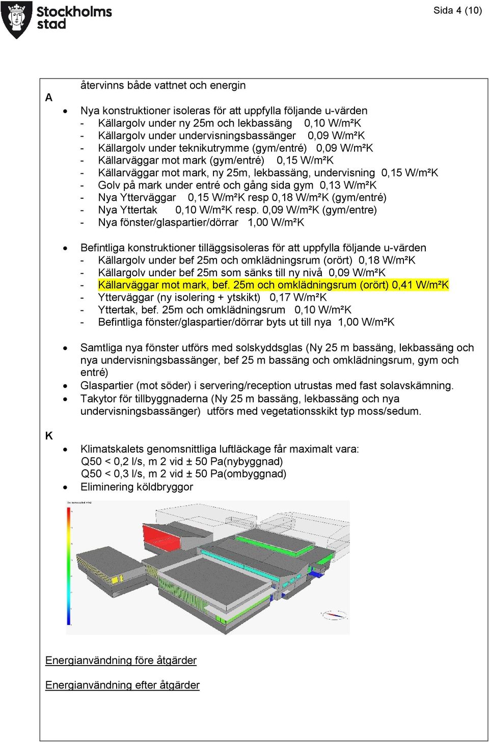 W/m²K - Golv på mark under entré och gång sida gym 0,13 W/m²K - Nya Ytterväggar 0,15 W/m²K resp 0,18 W/m²K (gym/entré) - Nya Yttertak 0,10 W/m²K resp.