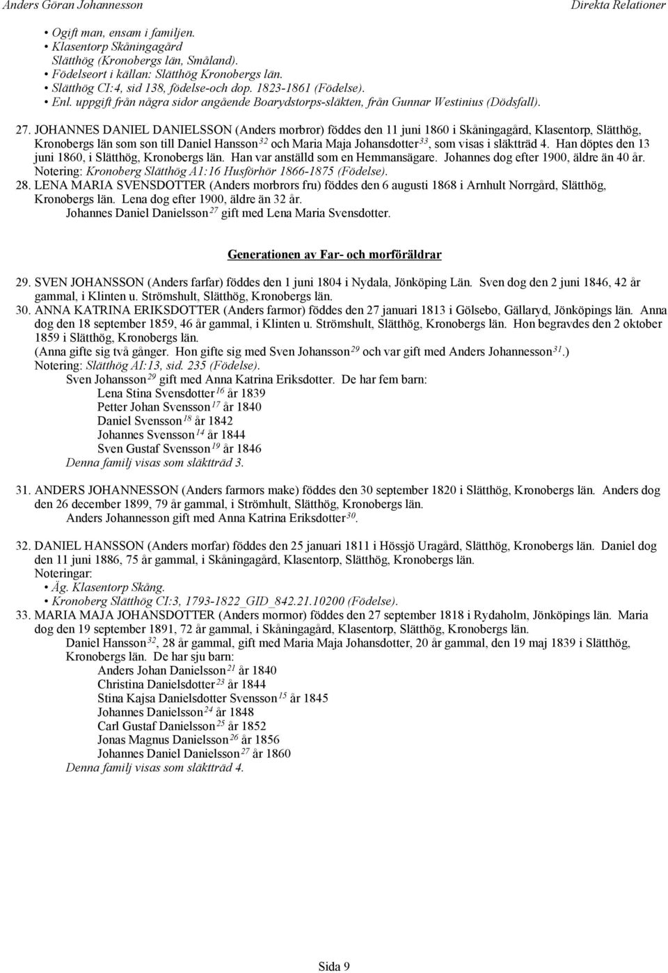 JOHANNES DANIEL DANIELSSON (Anders morbror) föddes den 11 juni 1860 i Skåningagård, Klasentorp, Slätthög, Kronobergs län som son till Daniel Hansson 32 och Maria Maja Johansdotter 33, som visas i