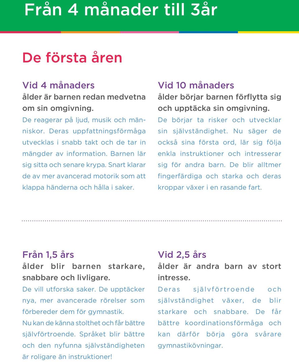 Snart klarar de av mer avancerad motorik som att klappa händerna och hålla i saker. Vid 10 månaders ålder börjar barnen förflytta sig och upptäcka sin omgivning.