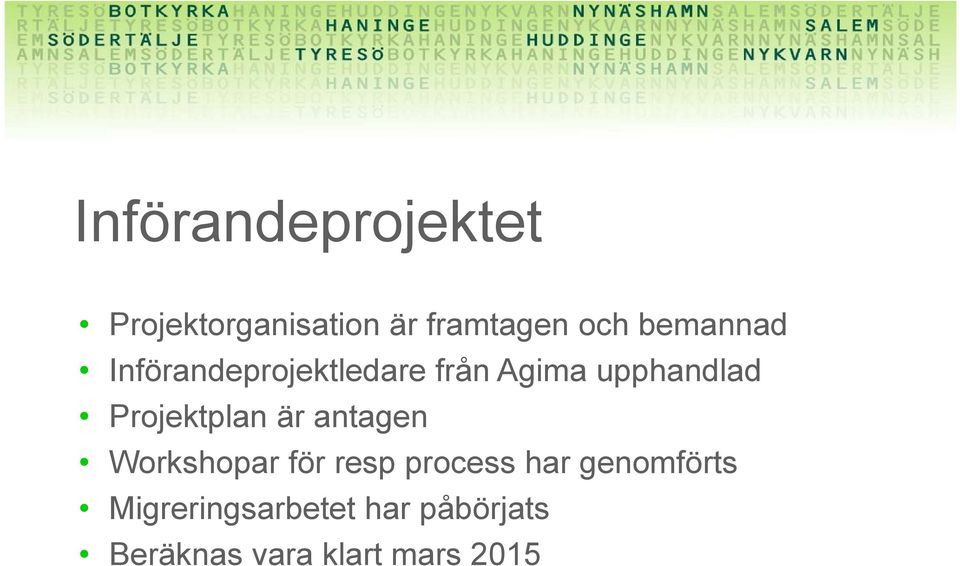 Projektplan är antagen Workshopar för resp process har