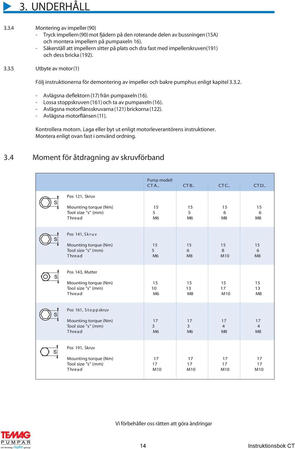 3.5 Utbyte av motor (1) Följ instruktionerna för demontering av impeller och bakre pumphus enligt kapitel 3.3.2. - Avlägsna deflektorn (17) från pumpaxeln (16).