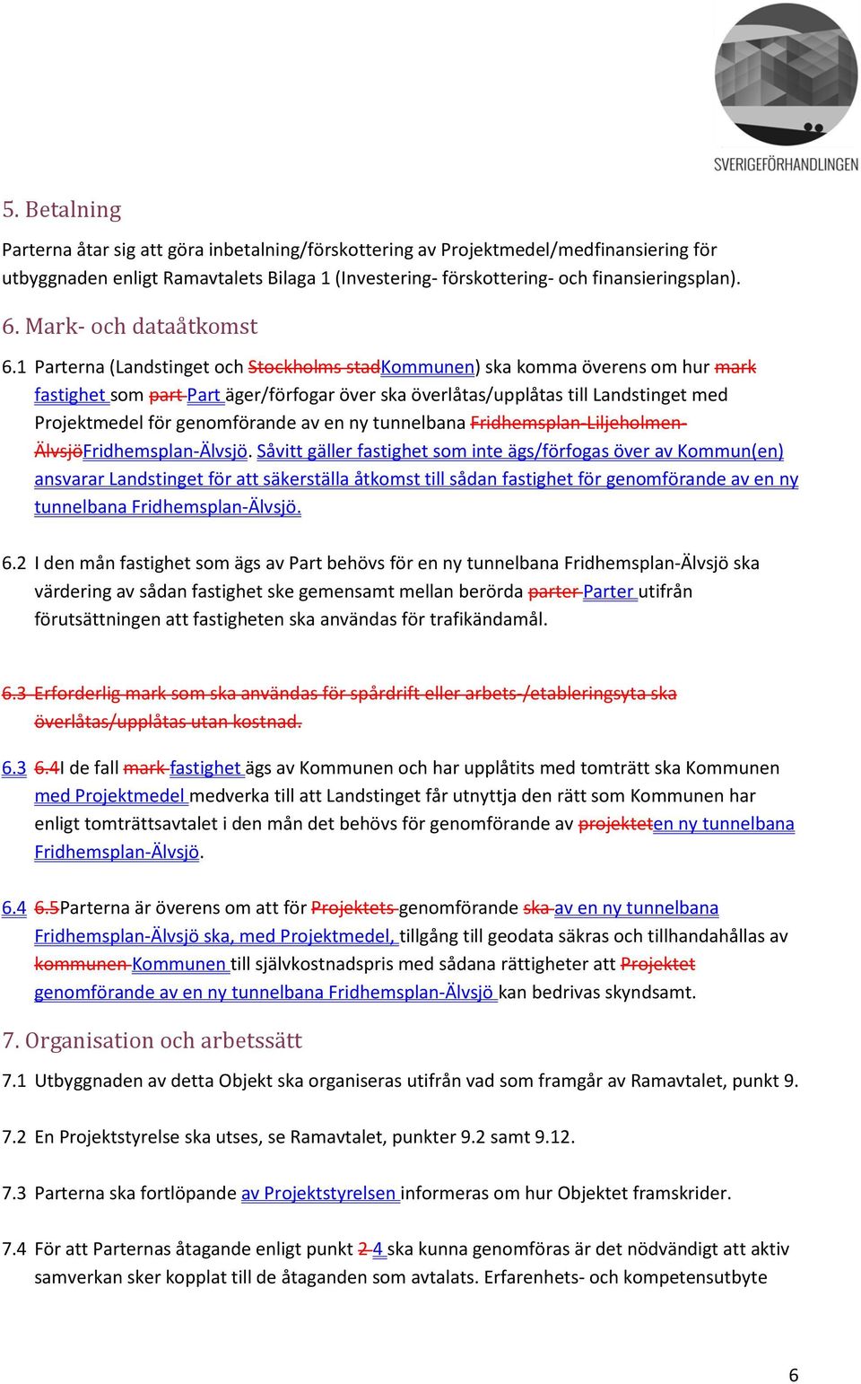 1 Parterna (Landstinget och Stockholms stadkommunen) ska komma överens om hur mark fastighet som part Part äger/förfogar över ska överlåtas/upplåtas till Landstinget med Projektmedel för genomförande