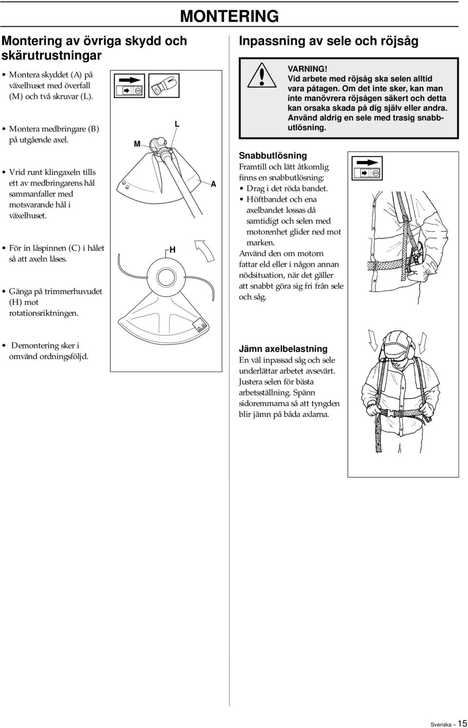 M L H MONTERING A Inpassning av sele och röjsåg Vid arbete med röjsåg ska selen alltid vara påtagen.