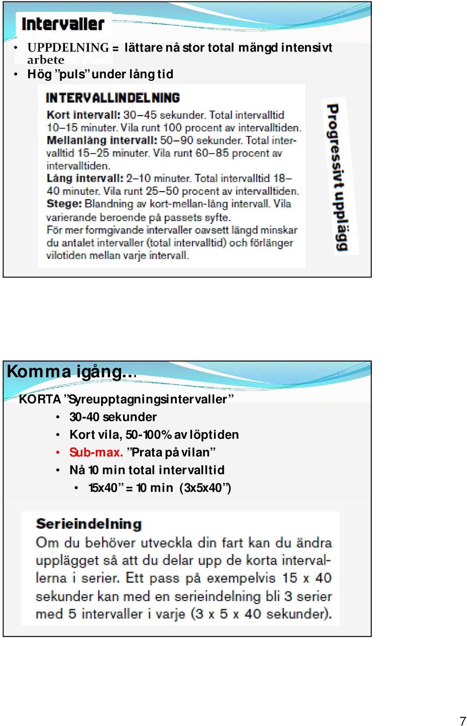 Syreupptagningsintervaller 30-40 sekunder Kort vila, 50-100%