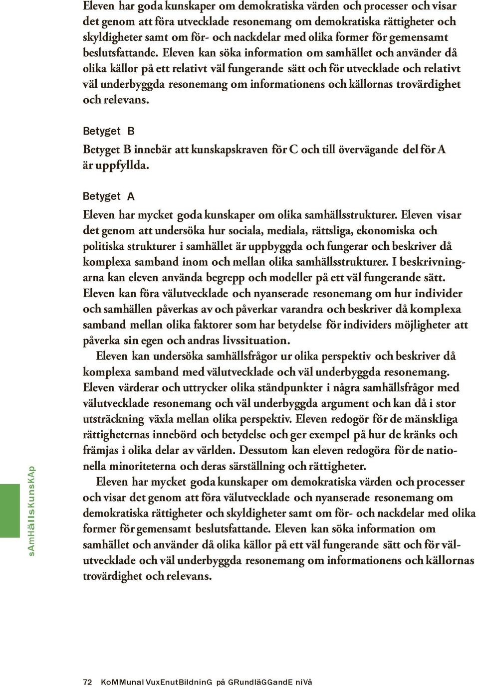 Eleven kan söka information om samhället och använder då olika källor på ett relativt väl fungerande sätt och för utvecklade och relativt väl underbyggda resonemang om informationens och källornas