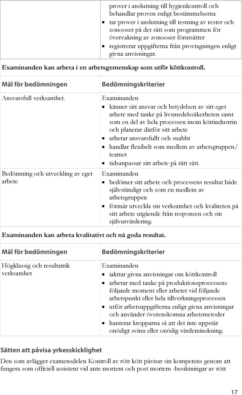 Bedömning och utveckling av eget arbete känner sitt ansvar och betydelsen av sitt eget arbete med tanke på livsmedelssäkerheten samt som en del av hela processen inom köttindustrin och planerar