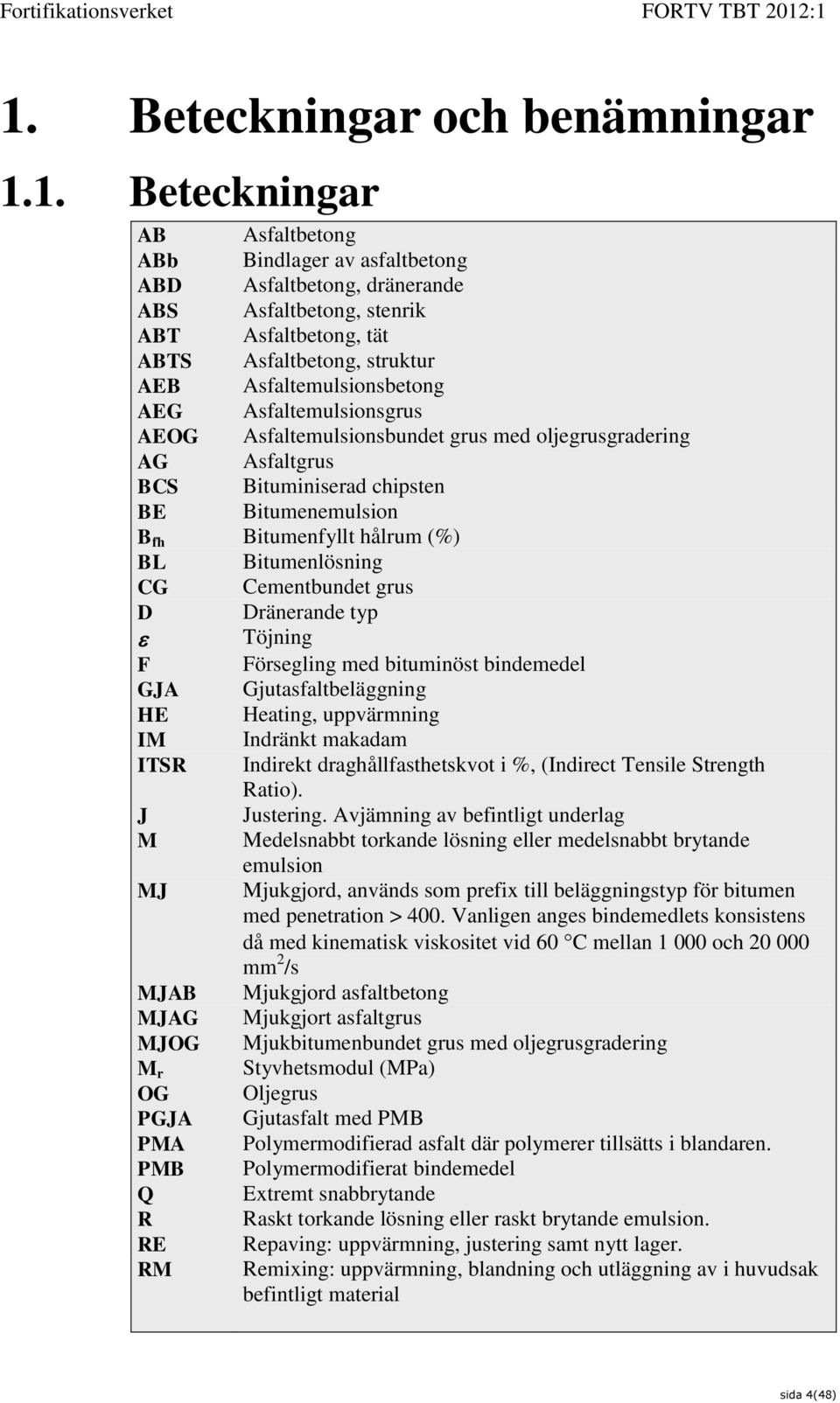 (%) BL Bitumenlösning CG Cementbundet grus D Dränerande typ Töjning F Försegling med bituminöst bindemedel GJA Gjutasfaltbeläggning HE Heating, uppvärmning IM Indränkt makadam ITSR Indirekt