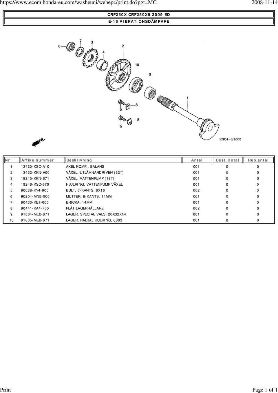 19246-KSC-670 HJULRING, VATTENPUMP VÄXEL 001 0 0 5 90038-KY4-900 BULT, 6-KANTS, 6X16 002 0 0 6 90204-MN5-000 MUTTER,