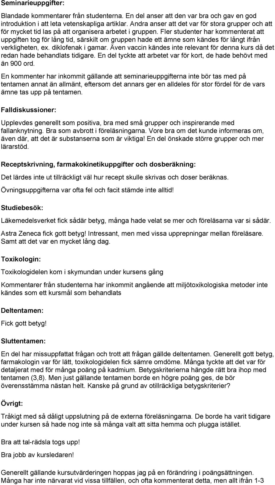 Fler studenter har kommenterat att uppgiften tog för lång tid, särskilt om gruppen hade ett ämne som kändes för långt ifrån verkligheten, ex. diklofenak i gamar.