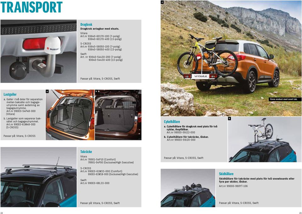 nr 990E0-54P48-000 (Vitara) b. Lastgaller som separerar baksätet och bagageutrymmet. Art.nr 990E0-61M48-000 (S-CROSS), S-CROSS a b Cykelhållare a.