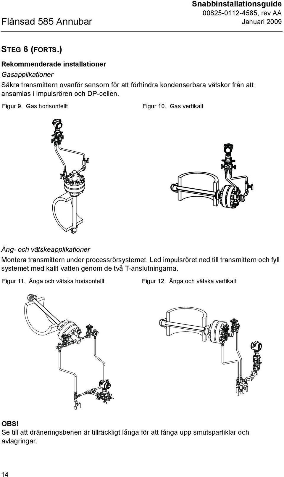 DP-cellen. Figur 9. Gas horisontellt Figur 10. Gas vertikalt Ång- och vätskeapplikationer Montera transmittern under processrörsystemet.