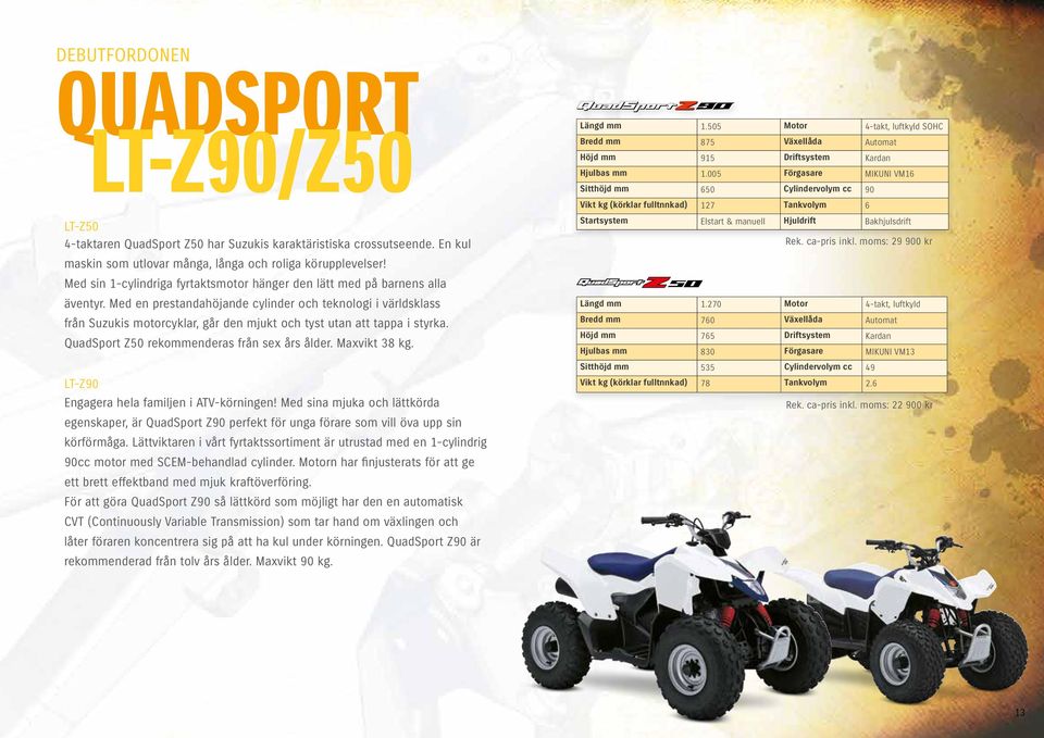 Med en prestandahöjande cylinder och teknologi i världsklass från Suzukis motorcyklar, går den mjukt och tyst utan att tappa i styrka. QuadSport Z50 rekommenderas från sex års ålder. Maxvikt 38 kg.