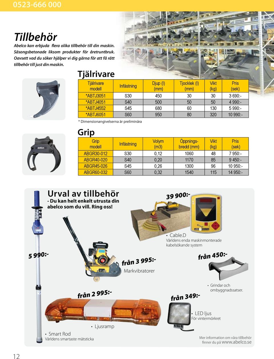 Tjälrivare Tjälrivare modell Grip Grip modell Infästning Infästning Djup (l) Volym (m3) Tjocklek (l) Öppningsbredd Vikt (kg) Vikt (kg) Pris (sek) *ABTJ3051 S30 450 30 30 3 690:- *ABTJ4051 S40 500 50