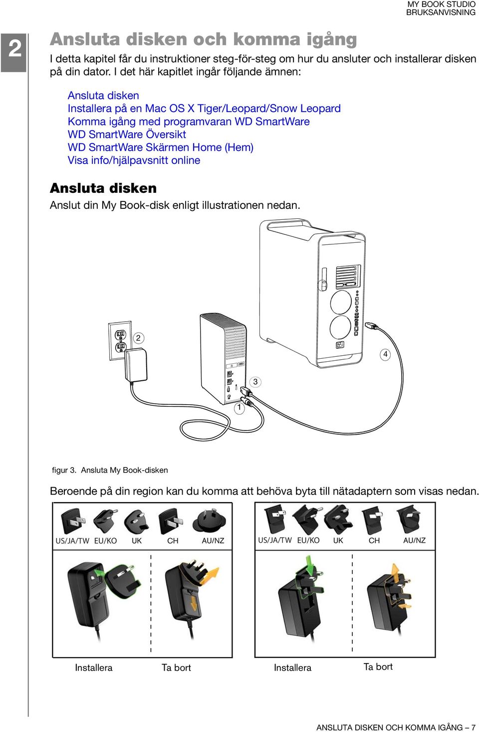 Översikt WD SmartWare Skärmen Home (Hem) Visa info/hjälpavsnitt online Ansluta disken Anslut din My Book-disk enligt illustrationen nedan. 2 4 3 1 figur 3.