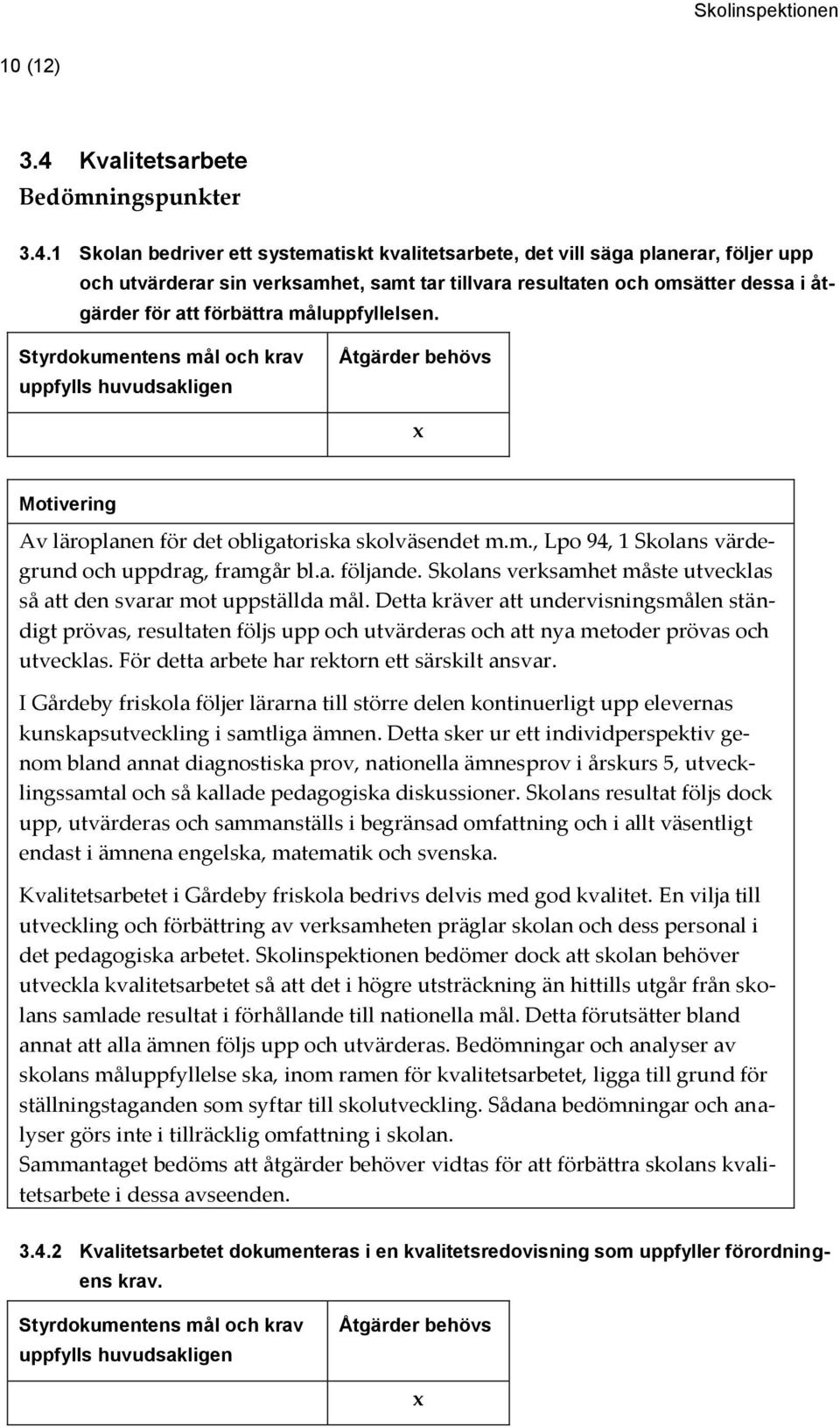 1 Skolan bedriver ett systematiskt kvalitetsarbete, det vill säga planerar, följer upp och utvärderar sin verksamhet, samt tar tillvara resultaten och omsätter dessa i åtgärder för att förbättra