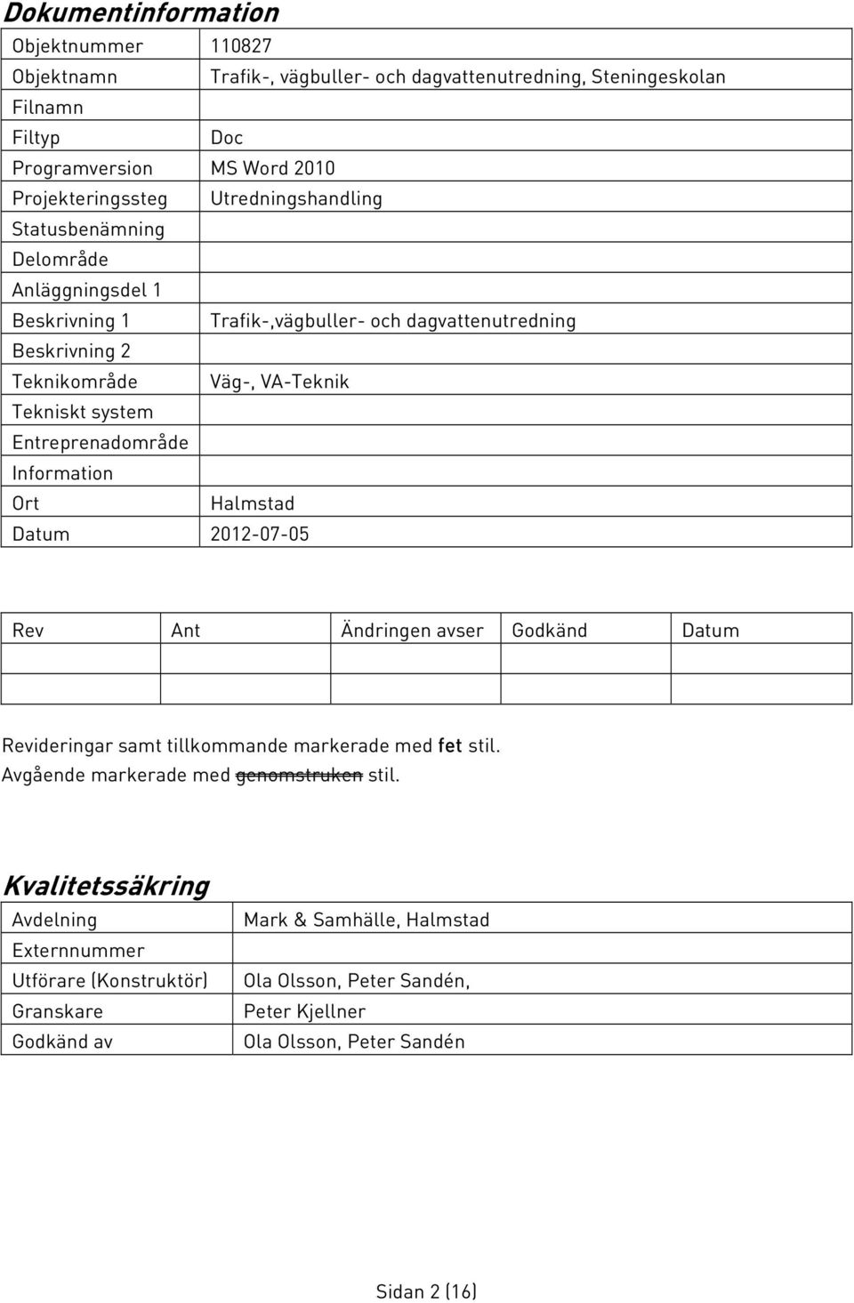 Entreprenadområde Information Ort Halmstad Datum 2012-07-05 Rev Ant Ändringen avser Godkänd Datum Revideringar samt tillkommande markerade med fet stil.