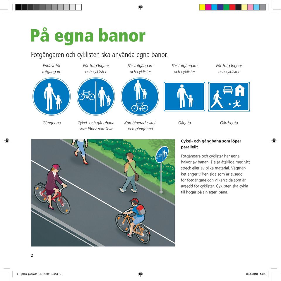 gångbana Kombinerad cykel- Gågata Gårdsgata som löper parallellt och gångbana Cykel- och gångbana som löper parallellt Fotgängare och cyklister har egna