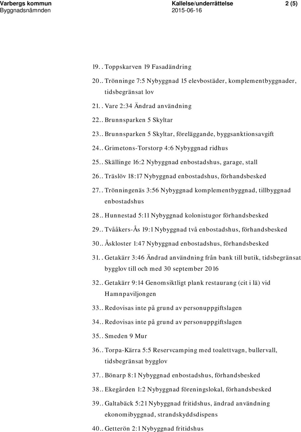 . Träslöv 18:17 Nybyggnad enbostadshus, förhandsbesked 27.. Trönningenäs 3:56 Nybyggnad komplementbyggnad, tillbyggnad enbostadshus 28.. Hunnestad 5:11 Nybyggnad kolonistugor förhandsbesked 29.