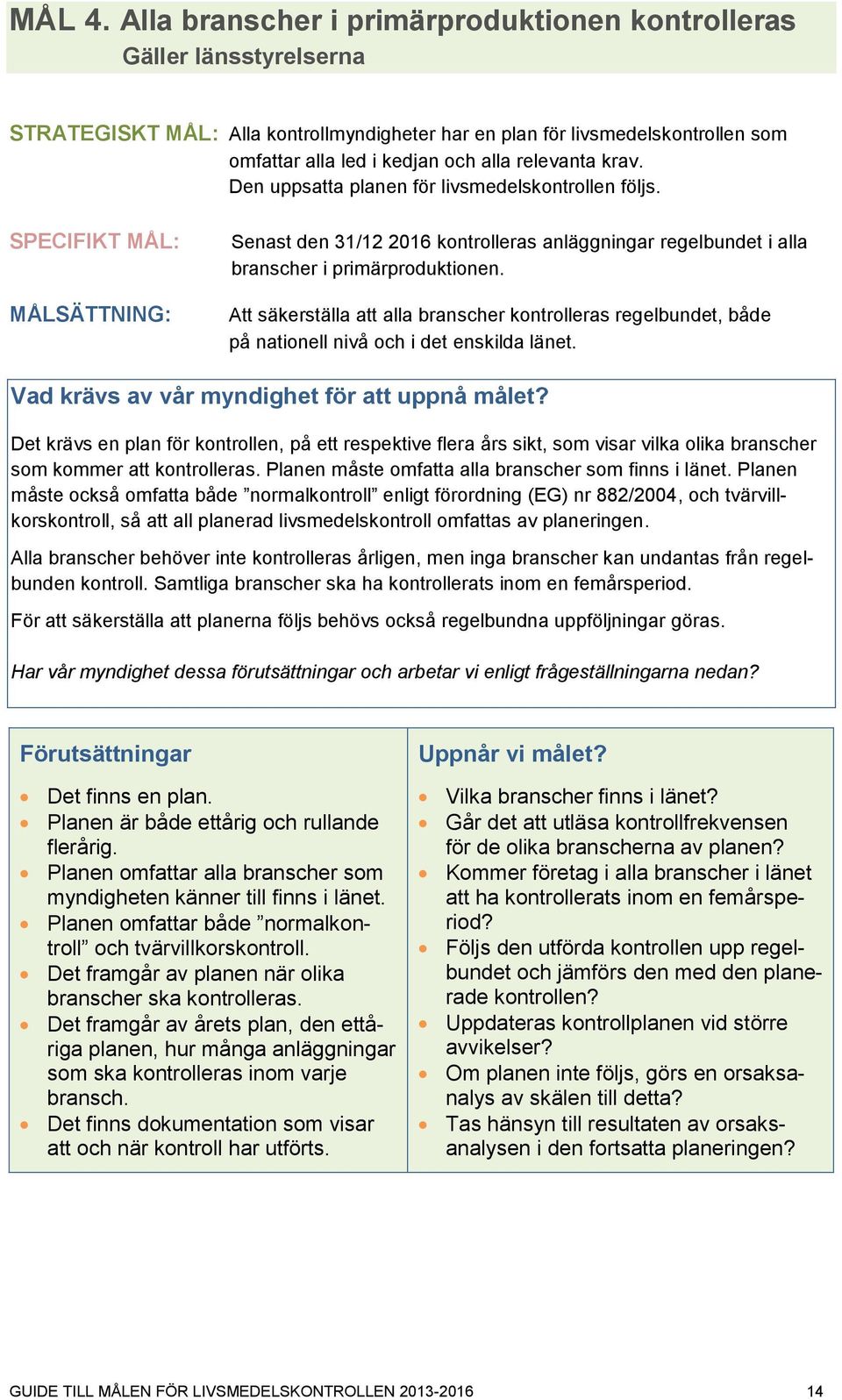 relevanta krav. Den uppsatta planen för livsmedelskontrollen följs. SPECIFIKT MÅL: MÅLSÄTTNING: Senast den 31/12 2016 kontrolleras anläggningar regelbundet i alla branscher i primärproduktionen.