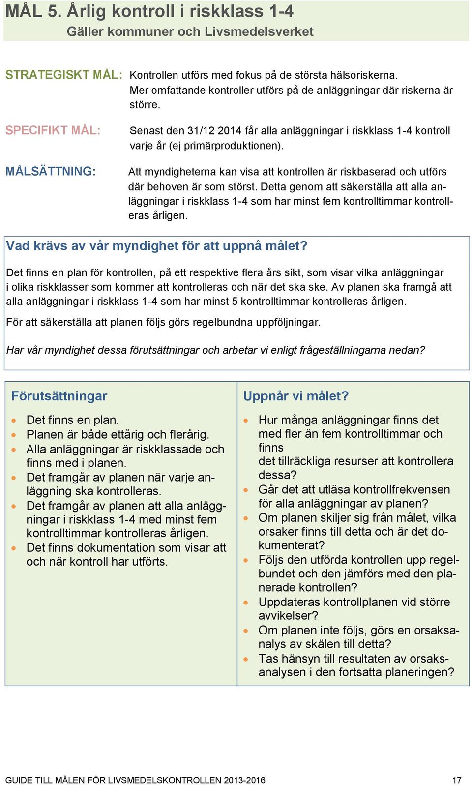 SPECIFIKT MÅL: MÅLSÄTTNING: Senast den 31/12 2014 får alla anläggningar i riskklass 1-4 kontroll varje år (ej primärproduktionen).