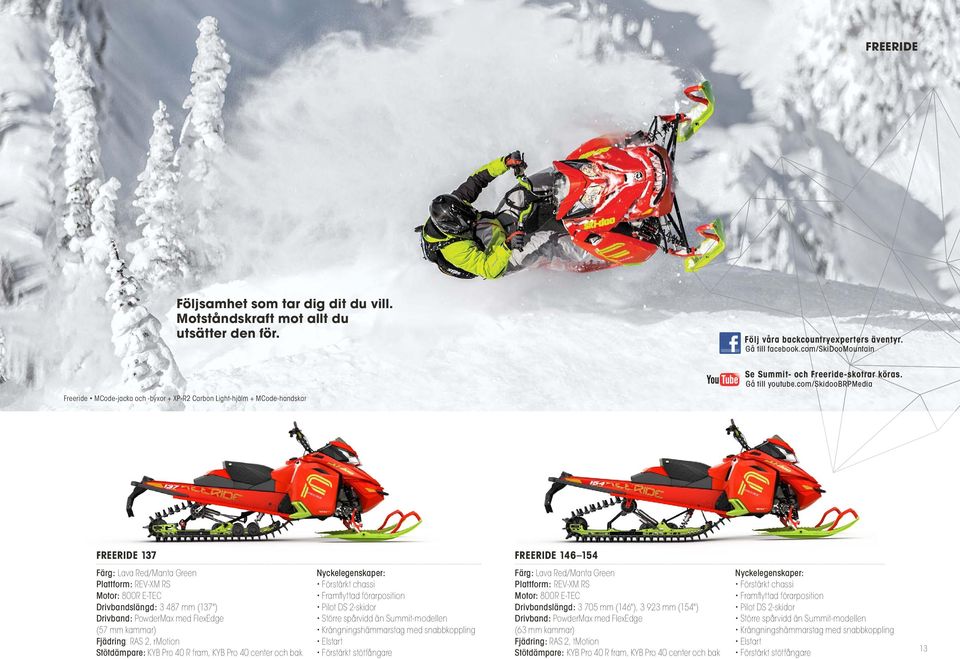 com/skidoobrpmedia FREERIDE 137 FREERIDE 146 154 Färg: Lava Red/Manta Green Plattform: REV-XM RS Motor: 800R E-TEC Drivbandslängd: 3 487 mm (137") Drivband: PowderMax med FlexEdge (57 mm kammar)