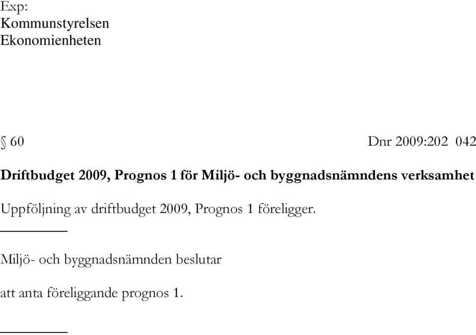 verksamhet Uppföljning av driftbudget 2009, Prognos 1