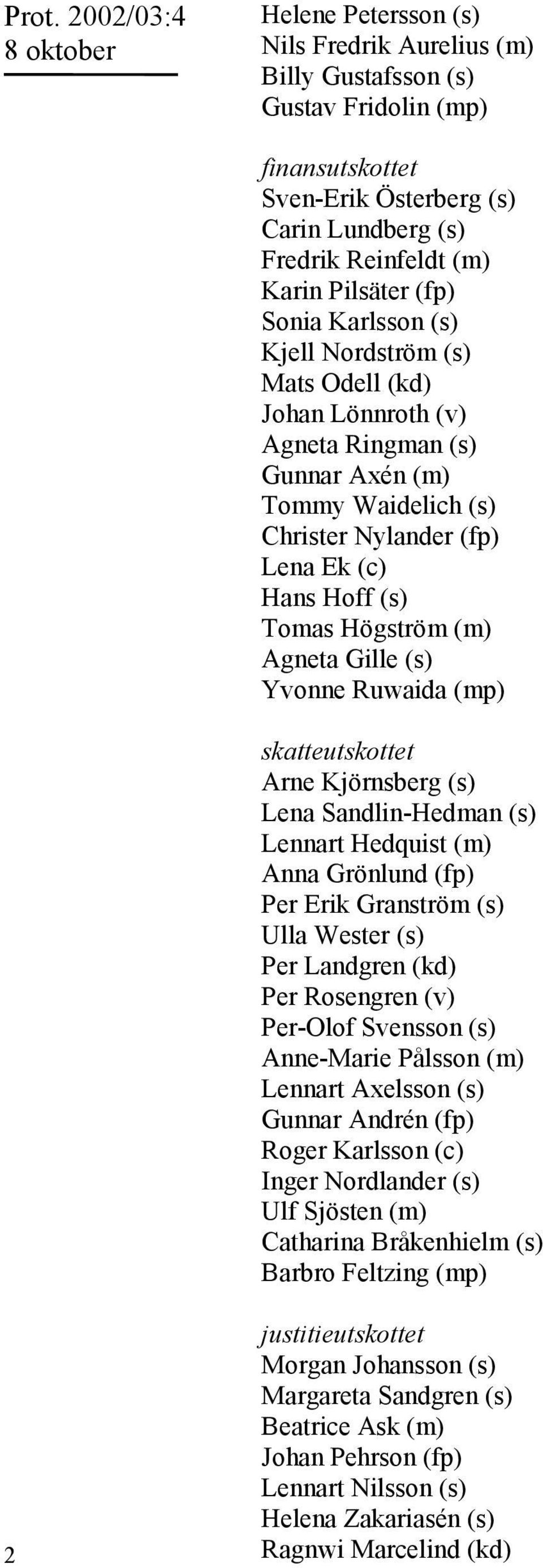 Högström (m) Agneta Gille (s) Yvonne Ruwaida (mp) skatteutskottet Arne Kjörnsberg (s) Lena Sandlin-Hedman (s) Lennart Hedquist (m) Anna Grönlund (fp) Per Erik Granström (s) Ulla Wester (s) Per