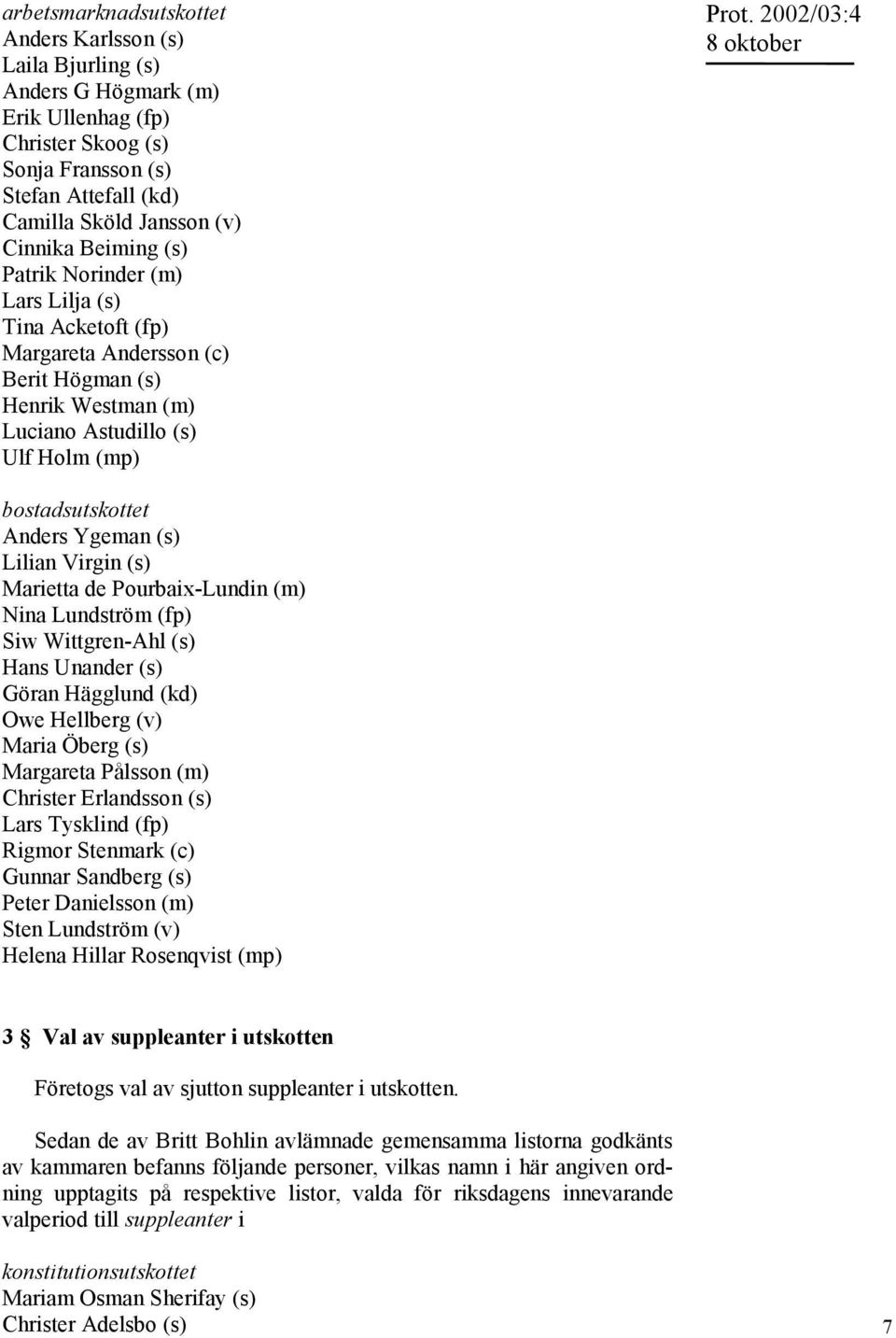 2002/03:4 bostadsutskottet Anders Ygeman (s) Lilian Virgin (s) Marietta de Pourbaix-Lundin (m) Nina Lundström (fp) Siw Wittgren-Ahl (s) Hans Unander (s) Göran Hägglund (kd) Owe Hellberg (v) Maria