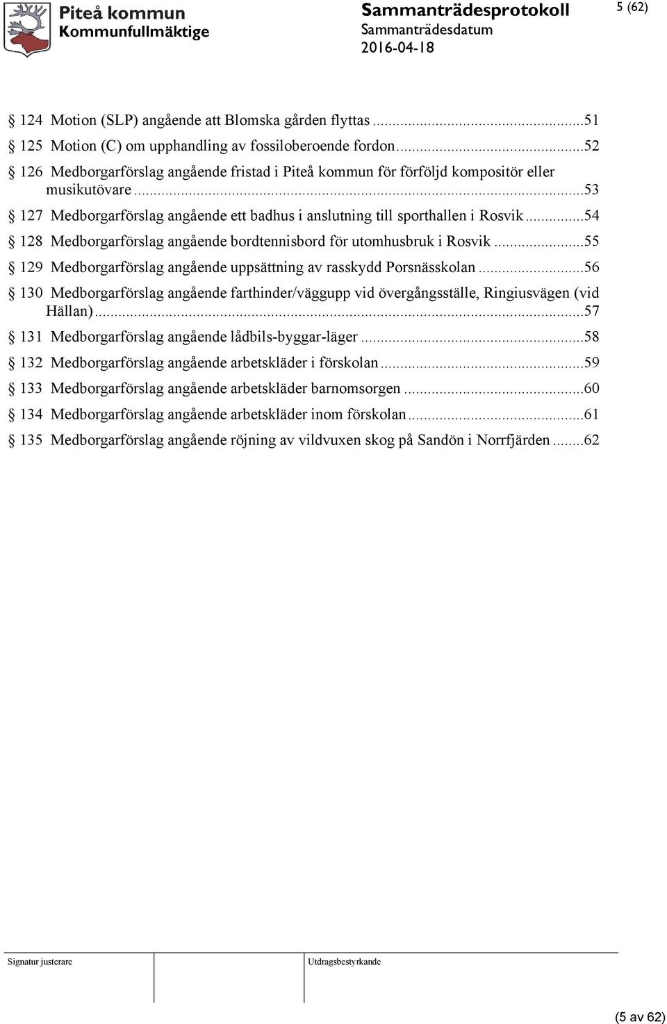 ..54 128 Medborgarförslag angående bordtennisbord för utomhusbruk i Rosvik...55 129 Medborgarförslag angående uppsättning av rasskydd Porsnässkolan.