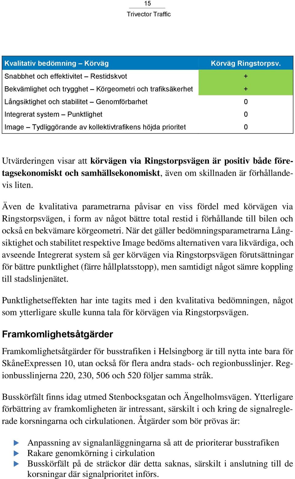 kollektivtrafikens höjda prioritet 0 Utvärderingen visar att körvägen via Ringstorpsvägen är positiv både företagsekonomiskt och samhällsekonomiskt, även om skillnaden är förhållandevis liten.