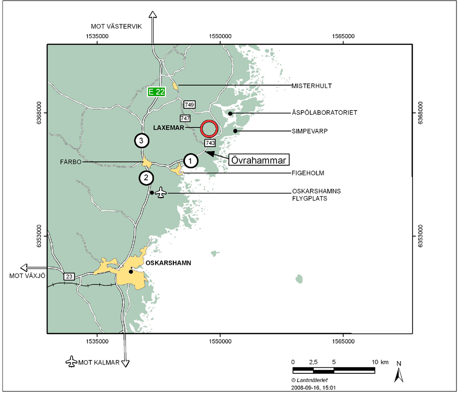 Emissionerna för de externa transporterna (g/km) är beräknade via väg 743 ut på E22 (figur 4-1). Det är endast vägavsnittet väg 743 som hamnar inom beräkningarna för anläggningen (se vidare bilaga 4).