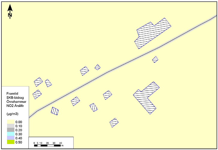 År 2030 NO 2 utan SKB:s bidrag (nollalternativ). Årsmedel. År 2030 NO 2 SKB-bidrag. Årsmedel. Figur 7 7.