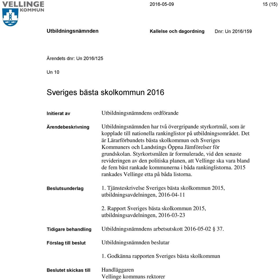Styrkortsmålen är formulerade, vid den senaste revideringen av den politiska planen, att Vellinge ska vara bland de fem bäst rankade kommunerna i båda rankinglistorna.