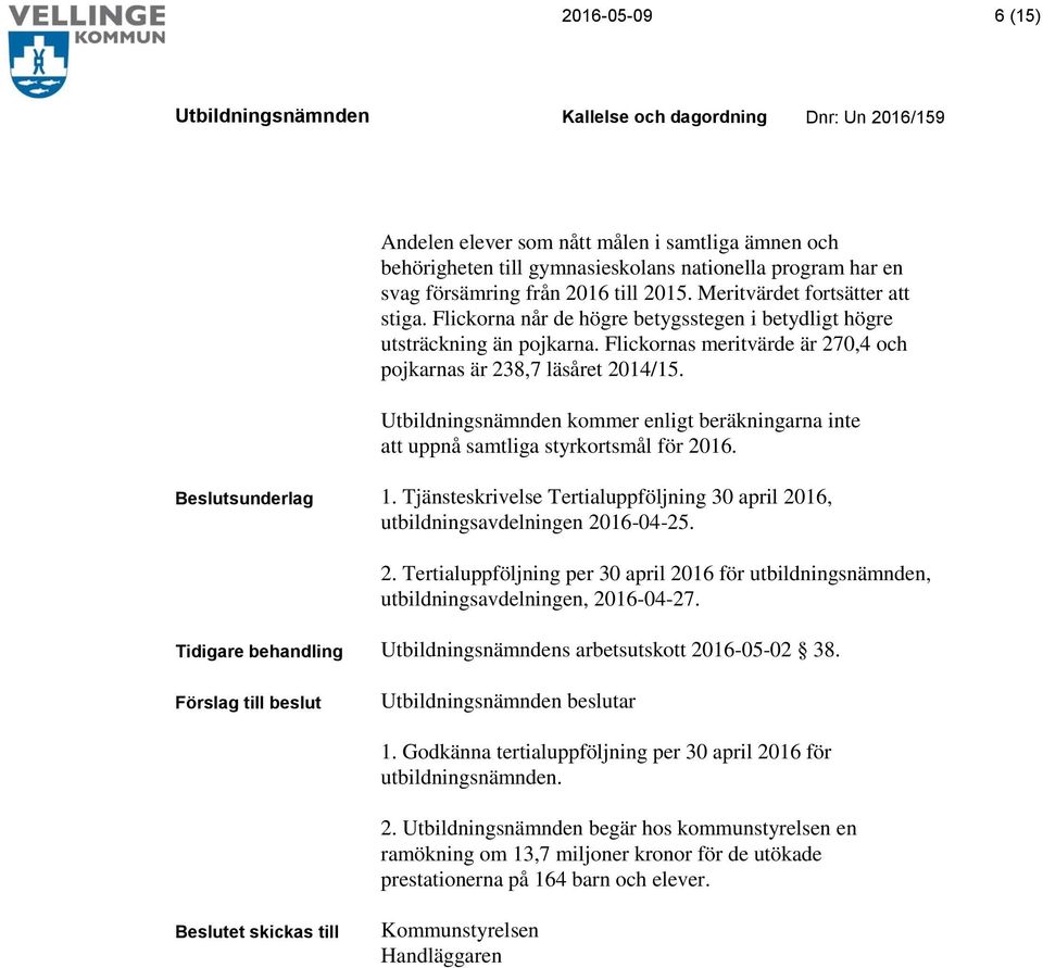 kommer enligt beräkningarna inte att uppnå samtliga styrkortsmål för 2016. Beslutsunderlag 1. Tjänsteskrivelse Tertialuppföljning 30 april 2016, utbildningsavdelningen 2016-04-25. 2. Tertialuppföljning per 30 april 2016 för utbildningsnämnden, utbildningsavdelningen, 2016-04-27.