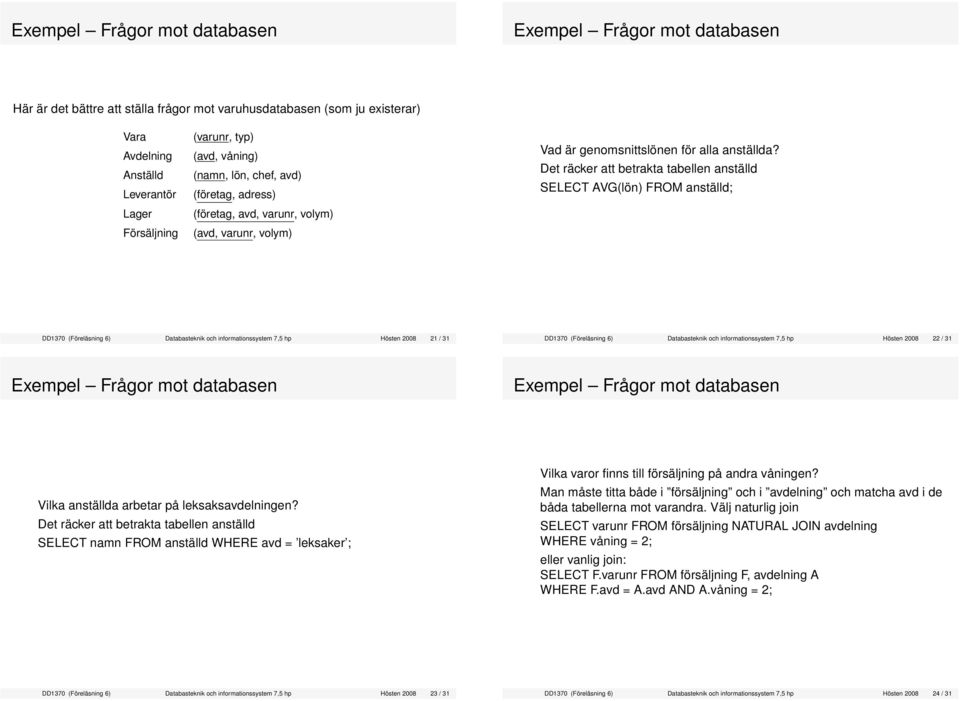 Det räcker att betrakta tabellen anställd SELECT AVG(lön) FROM anställd; DD1370 (Föreläsning 6) Databasteknik och informationssystem 7,5 hp Hösten 2008 21 / 31 DD1370 (Föreläsning 6) Databasteknik