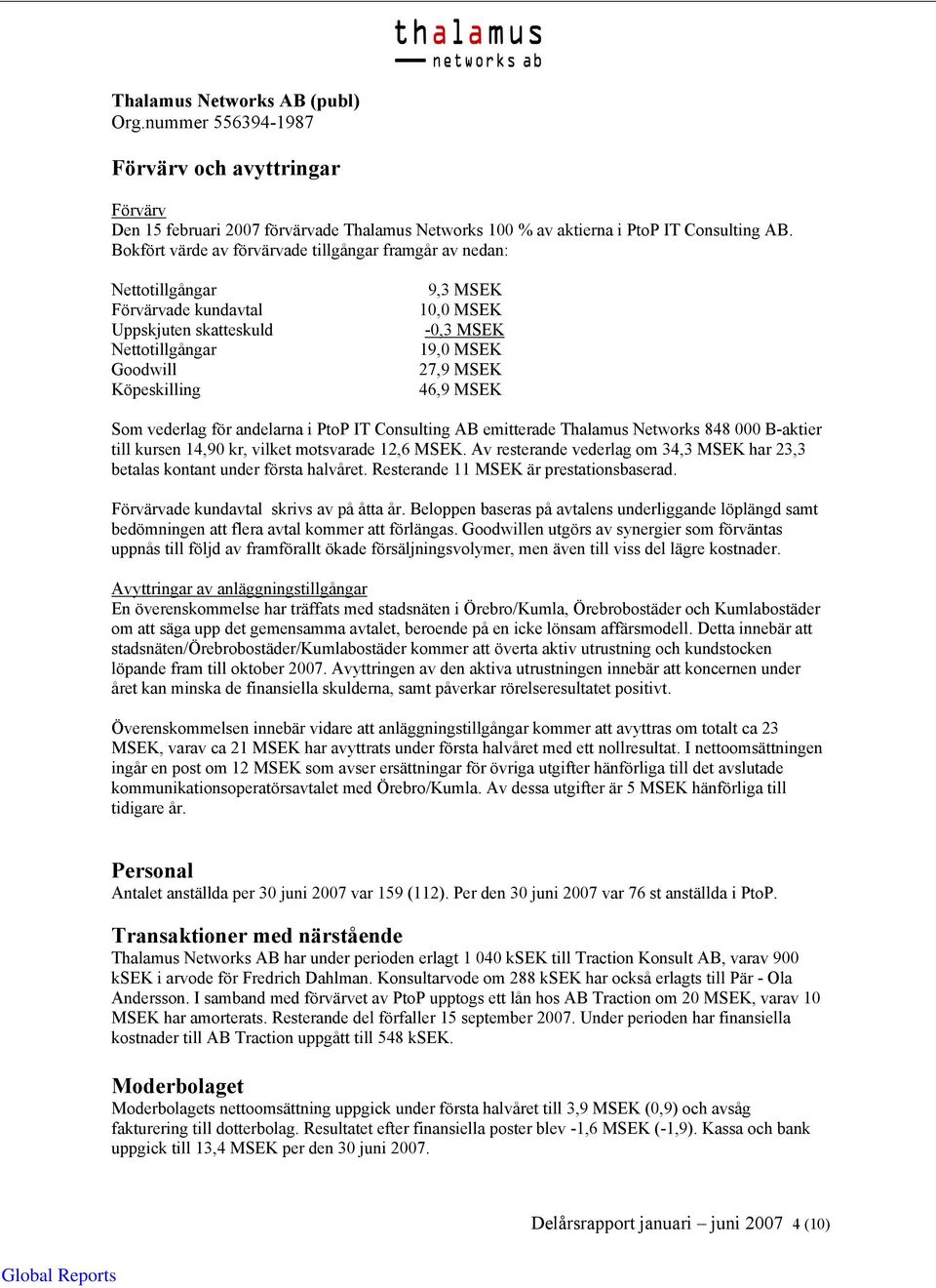andelarna i PtoP IT Consulting AB emitterade Thalamus Networks 848 000 B-aktier till kursen 14,90 kr, vilket motsvarade 12,6.