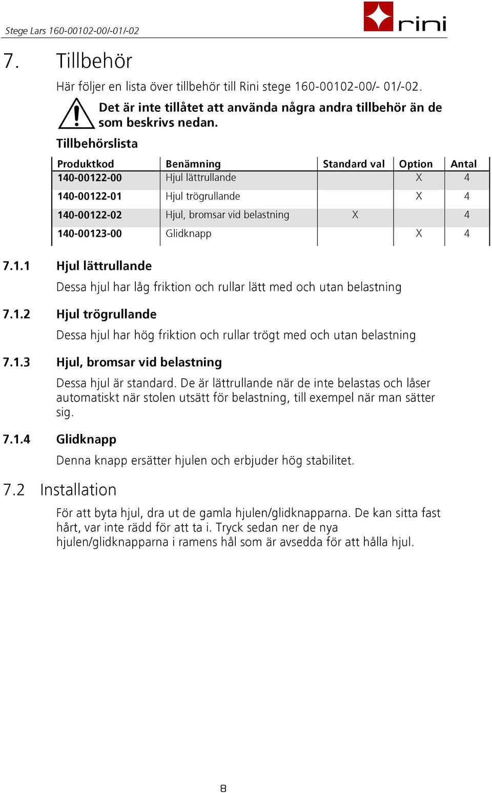 Glidknapp X 4 7.1.1 Hjul lättrullande Dessa hjul har låg friktion och rullar lätt med och utan belastning 7.1.2 Hjul trögrullande Dessa hjul har hög friktion och rullar trögt med och utan belastning 7.