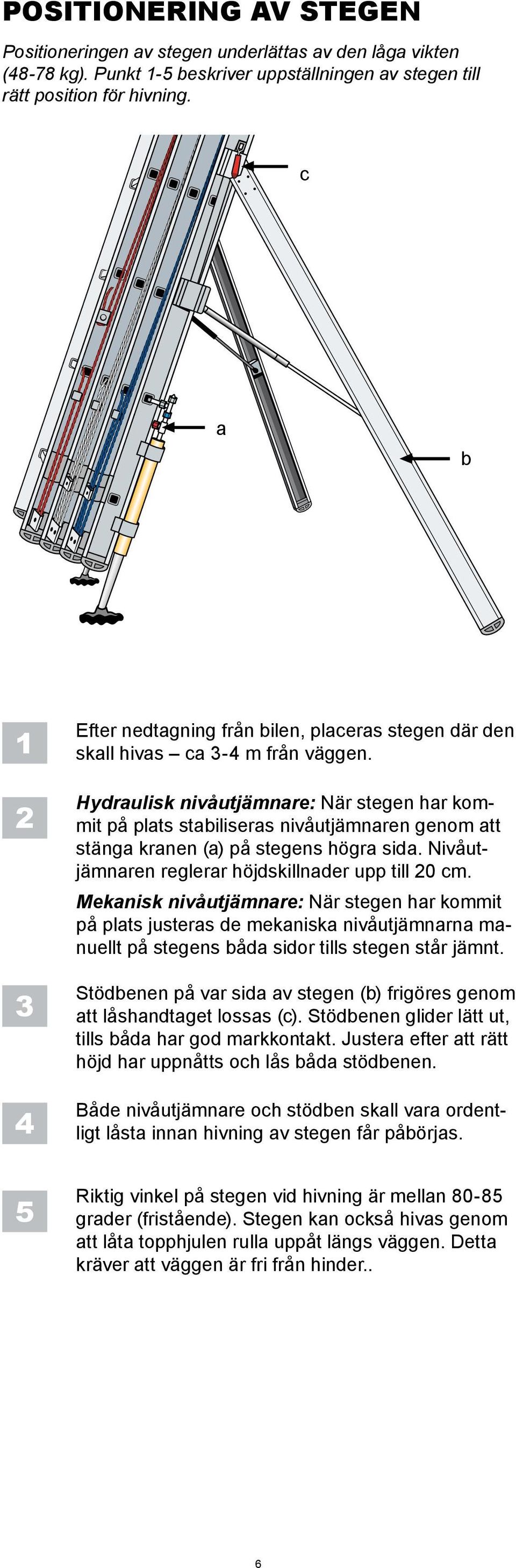 Hydraulisk nivåutjämnare: När stegen har kommit på plats stabiliseras nivåutjämnaren genom att stänga kranen (a) på stegens högra sida. Nivåutjämnaren reglerar höjdskillnader upp till 20 cm.