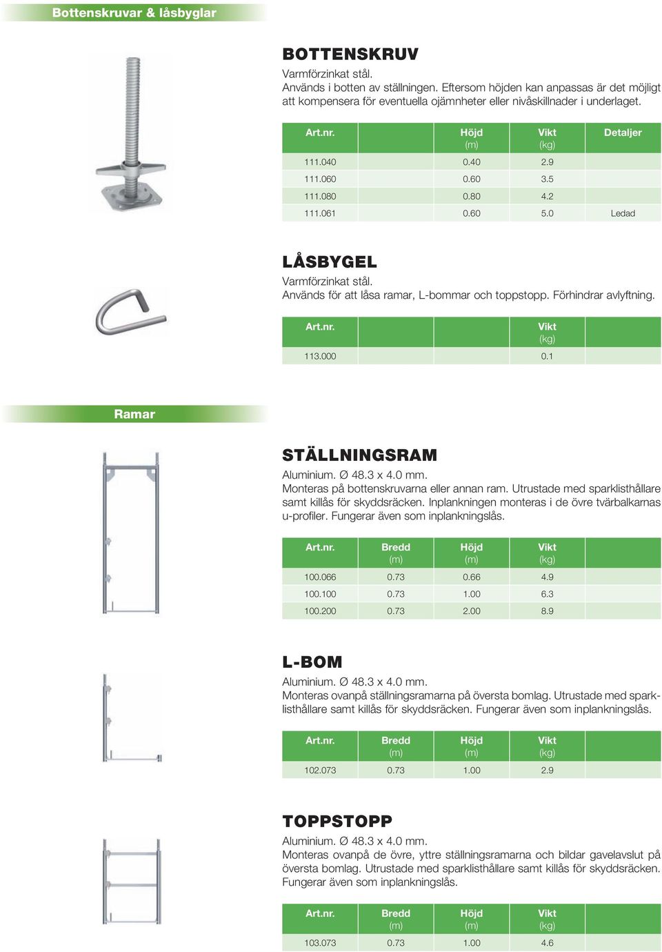 1 Ramar STÄLLNINGSRAM Aluminium. Ø 48.3 x 4.0 mm. Monteras på bottenskruvarna eller annan ram. Utrustade med sparklisthållare samt killås för skyddsräcken.