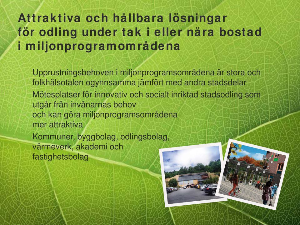 stadsdelar Mötesplatser för innovativ och socialt inriktad stadsodling som utgår från invånarnas behov och